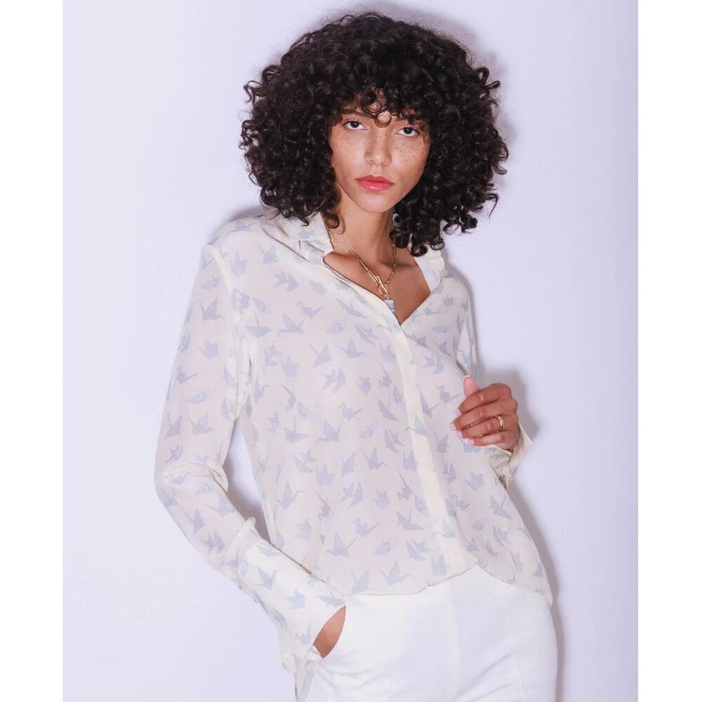 Catherine Gee Daria French Cuff Silk Blouse in Neutral Crane